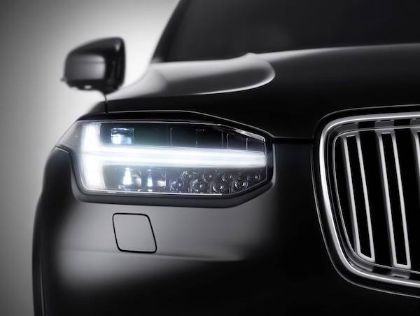 Front view of the all-new XC90, including the distinctive new T-shaped running lights.