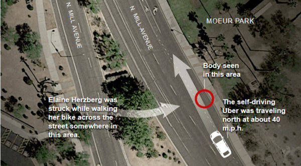 Uber　自動運転車事故現場　ABCニュースによる事故地点