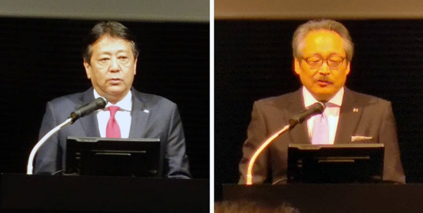 2030年に向けた技術戦略を発表した丸本明CEO（左）と藤原清志副社長