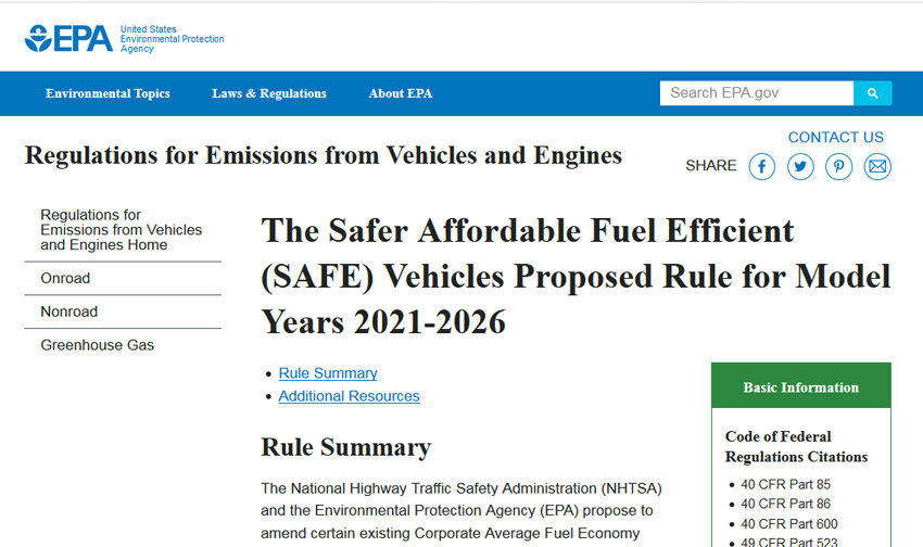 環境保護庁（EPA）、運輸省が打ち出した新方針「SAFEビークル2021－2026案」