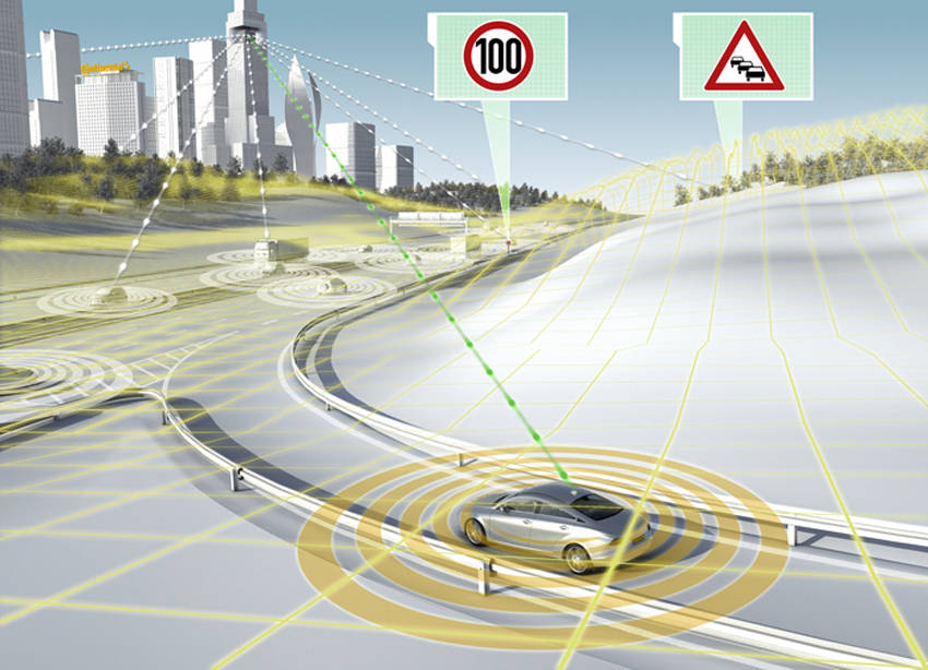 現在のコネクテッド技術の運転支援分野での概念。クルマのセンサー類では近距離しか検知できないが、クラウド経由の通信により遠方の交通情報をいち早く取得できる