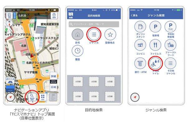 トヨタのスマートフォン向けナビゲーションアプリ「TCスマホナビ」、「多機能トイレ」の情報提供を開始