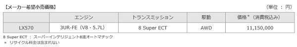 レクサス　LX　一部改良　価格表