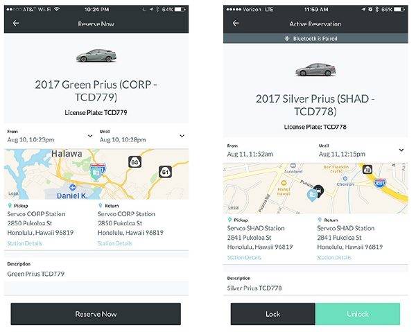トヨタ　カーシェア事業用アプリ　米国ハワイ州のトヨタ販売店、Servco社と実証事業　アプリ画面