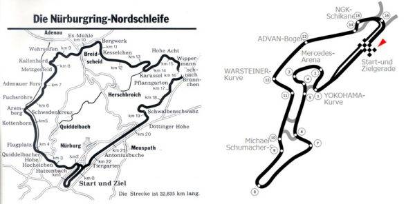 ニュルブルクリンク　1973年のコースレイアウトと現在のグランプリコース（南コース）